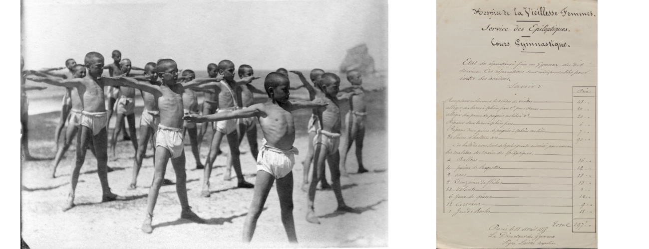 photographie d'un séance de gymnastique pour enfants et document listant le matériel de rééducation à acheter