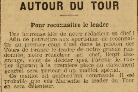 Pour reconnaître le leader, création du maillot jaune