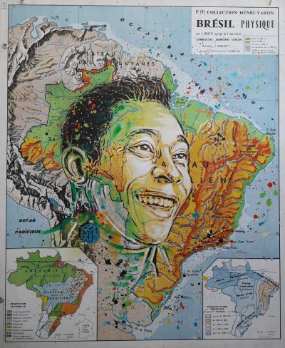 Carte couleur des années 60 du Brésil avec portrait d'époque de Pelé