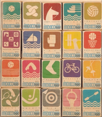 Ensemble de 20 boîtes d’allumettes commémoratives des Jeux olympiques de Mexico, chacune illustrée d’un pictogramme et d’une couleur distincte représentant une discipline sportive