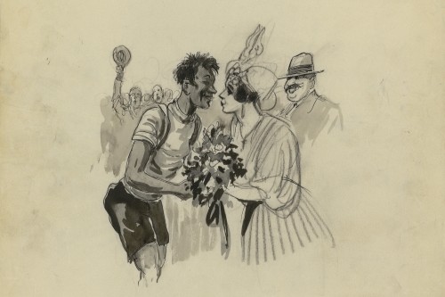 dessin d'un cycliste qui reçoit un bouquet et un baiser d'une femme en robe à rayures