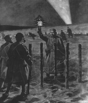 Soldat allemand présentant un arbre de Noël en 1914 (lithographie de Frédéric Villiers,1915)